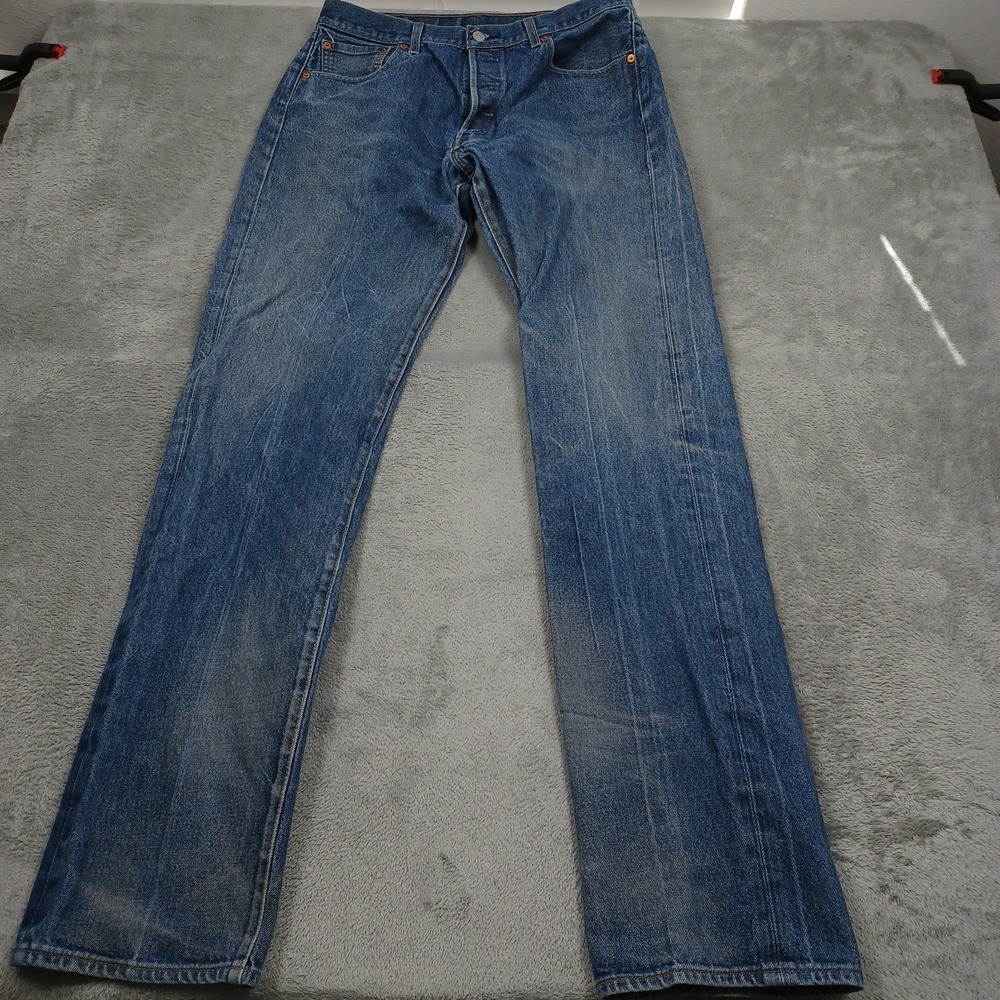 Levis 501 Jeans Mens 34x36 Blue Denim Classic Straight Button Fly Distressed A34